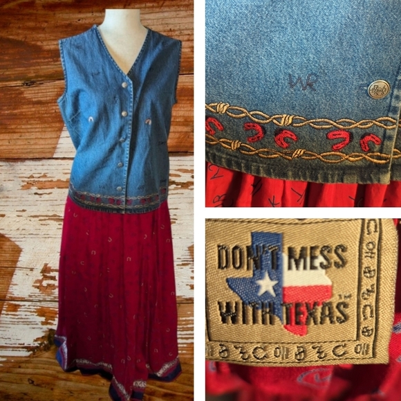 Dont Mess With Texas Western Cowgirl Cowboy Flowy Long Skirt & Denim Vest Sz M - Picture 1 of 14